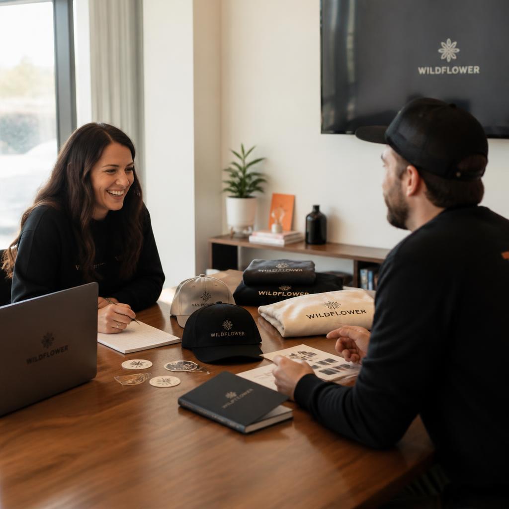 Two people reviewing branded merchandise samples across a wooden table during a strategy conversation