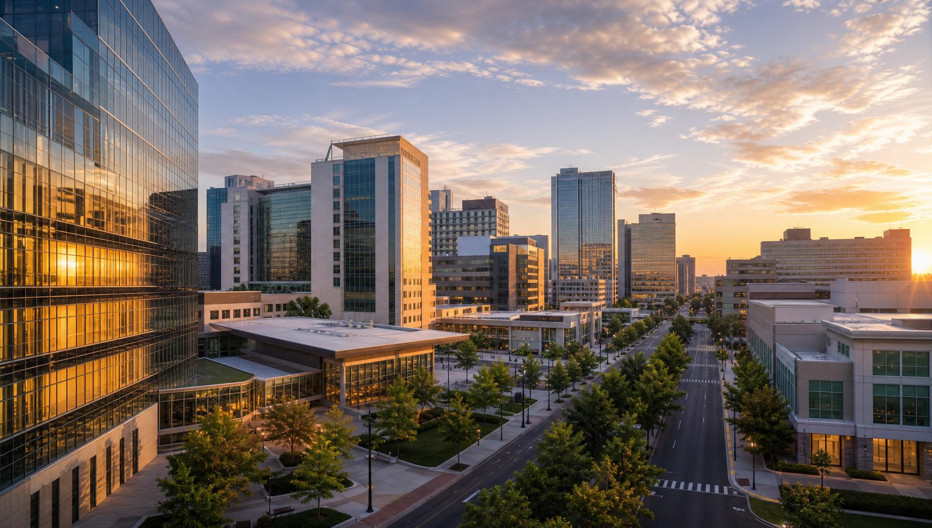 Modern business district at sunset with corporate, hospitality and healthcare buildings